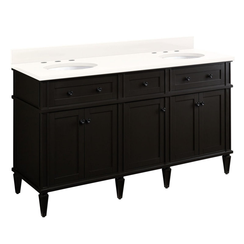 Elmdale 60" Freestanding Mahogany Double Basin Vanity  Oval Undermount Sink - 8" Faucet Holes, Arctic White Quartz