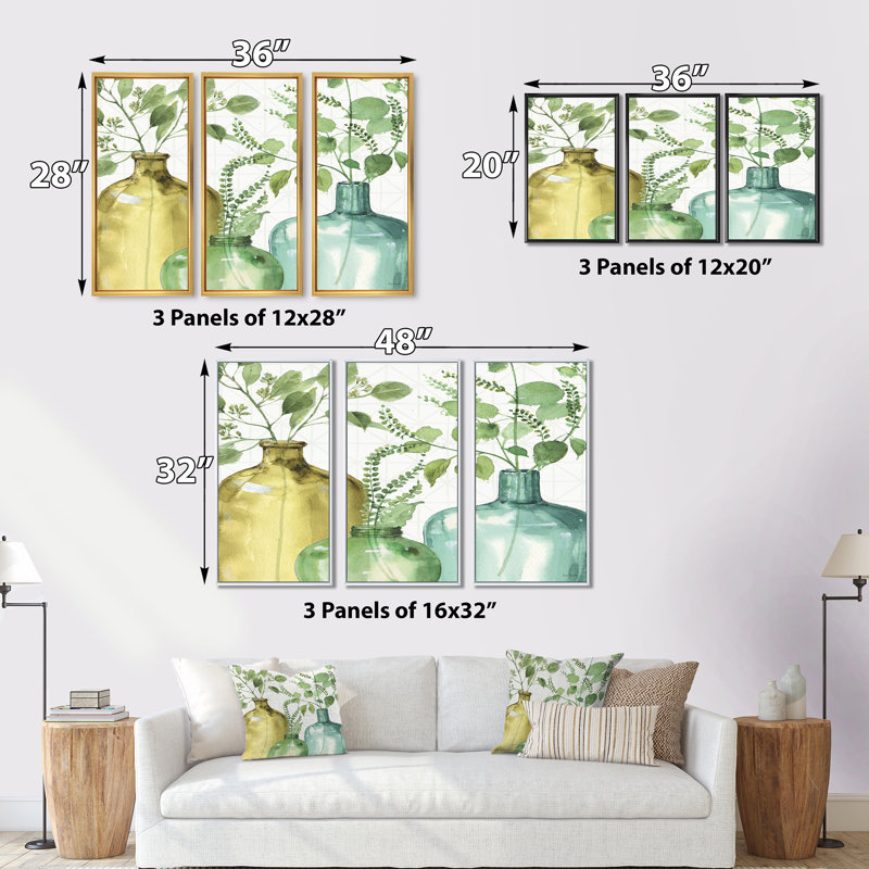 Mixed Botanical Green Leaves, 32" H x 48" W x 1" D, Cadre blanc