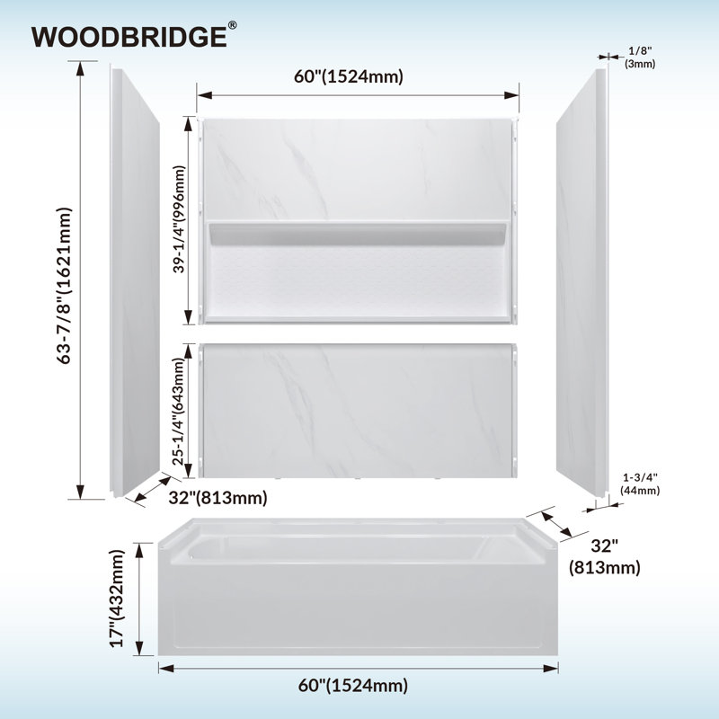 60"W × 32"D Shower Kit Including Tub Wall Panel Surrounded and Left/Right Drain Option Soaking Alcove Tub, Carrara White