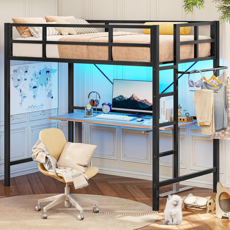 Loft Bed Twin Size With Led Lights Heavy Duty Metal Junior Twin Loft Bed Frame With Full-length Guardrail And Ladder, Noise-free, Space-saving, No Box Spring Needed
