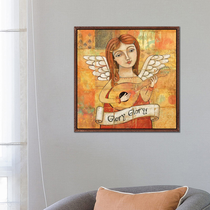 Angel With Guitar by Teresa Kogut - Print on Canvas, 45.72cm H x 45.72cm W x 3.81cm D, Classic Brown Wood Floater Framed