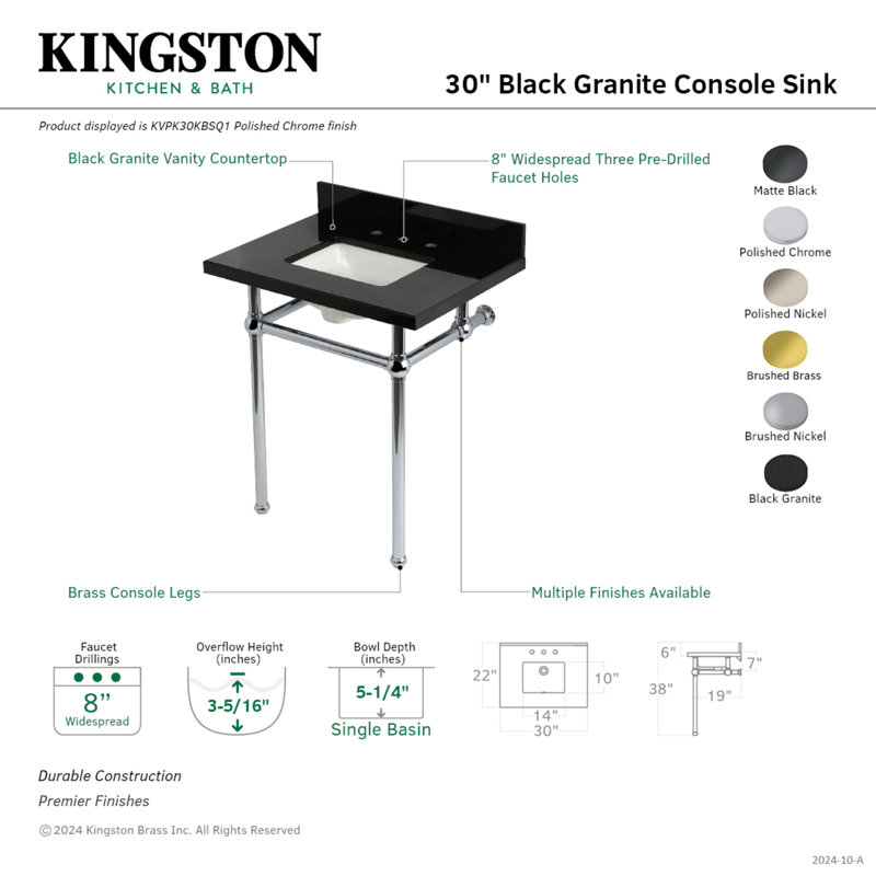 Kingston Brass Templeton 30-Inch Black Granite Console Sink with Brass Legs (8-Inch, 3-Hole), Black Granite/Brushed Nickel