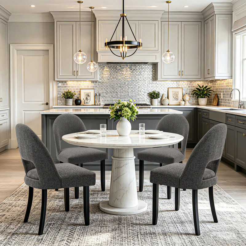 Modern Fabric Upholstered Dining Chairs with Curved High Back and Solid Wood Legs, Gray, 4