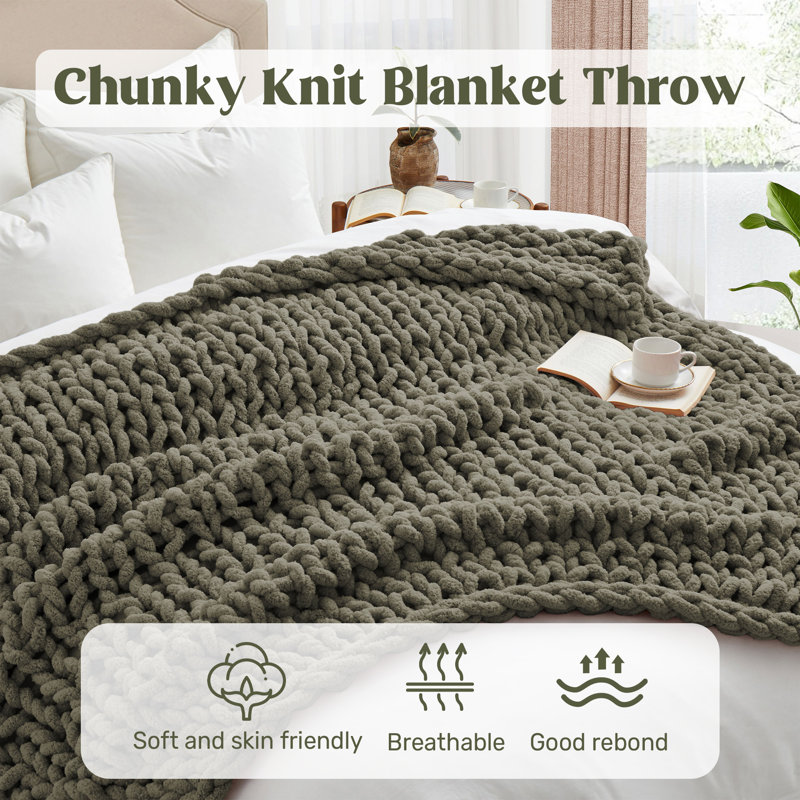 Peace Nest Chunky Knit Throw Blanket - Extra Cozy Hand-Knit Look, Soft Yarn, 50" x 60" Size (Cream, Gray, Sage, Pink, White)
