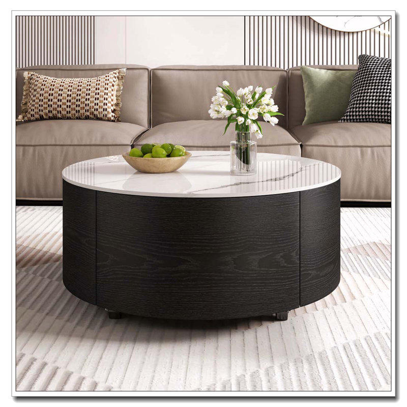Round Movable Coffee Table with Casters, 2 Drawers, Black