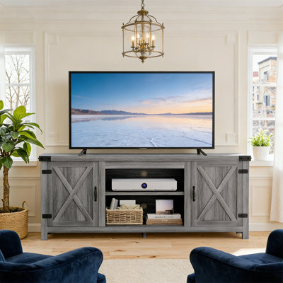 Modern Farmhouse TV Station With Two Barn Doors And Storage Cabinets For Tvs Over 65 Inches, Entertainment Center Console Table, Living Room Media Furniture