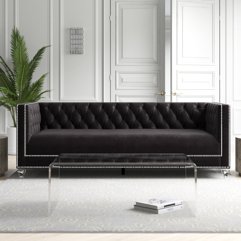 Canapé Wooten, design moderne capitonné Chesterfield, Velours noir