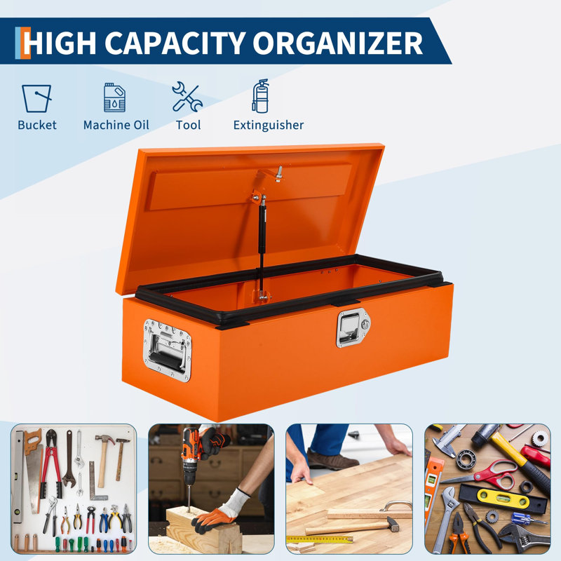 Diamond Plate Steel Truck Bed Tool Box - Heavy Duty, Lock & Side Handles, Weather-Resistant Mechanic Organizer for Pickup, RV, Trailer, Workshop (39x13x9.6 Inch, Powder-Coated Orange)