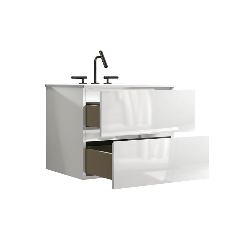 Meuble-lavabo mural blanc brillant de 61 cm (24 po) - Lavabo en céramique, 3 trous pour robinetterie, grand espace de rangement, silencieux, capacité de rangement importante.