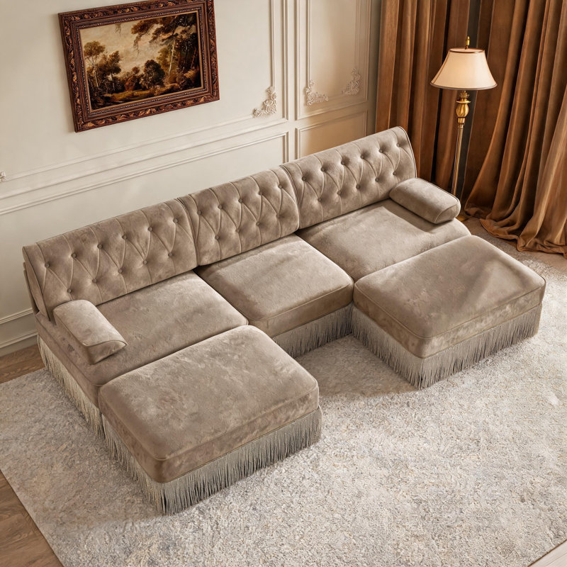 Canapé d'angle modulaire Chesterfield en forme de U, capitonné, jupe à franges ras du sol, velours respirant, ergonomique