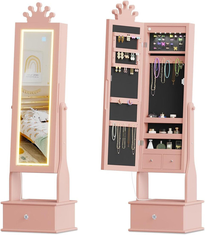Armoire à bijoux pour enfants avec miroir à DEL, 3 tiroirs et conception de princesse pour le rangement d'accessoires pour filles