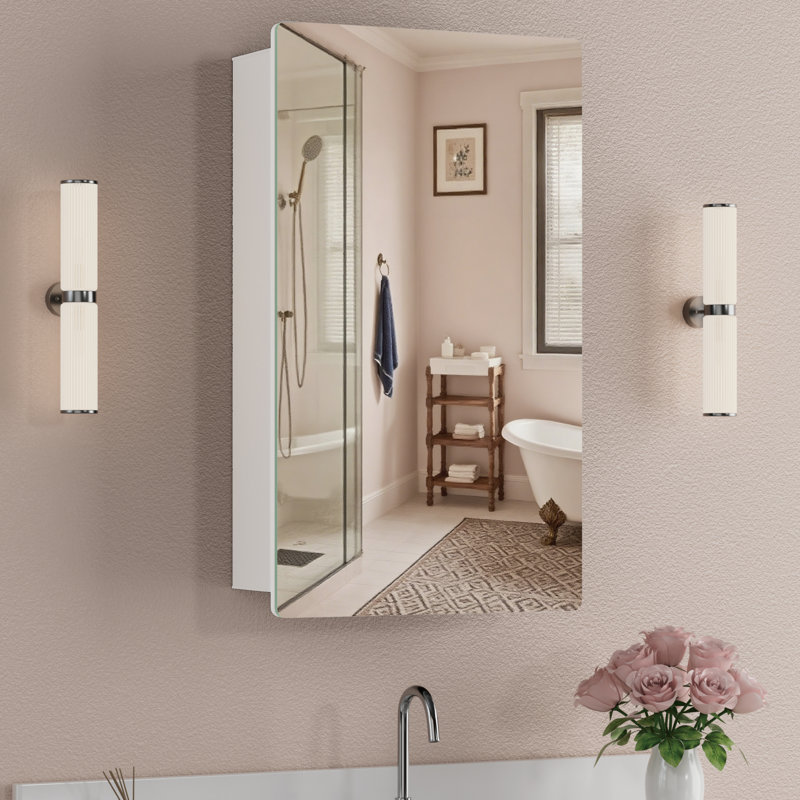 14" W X 24" H Surface or Recessed Mount Medicine Cabinet with Mirror, Aluminum Frame and Adjustable Tempered Glass Shelves for Makeup, Shaving or Bathroom Vanity Storage