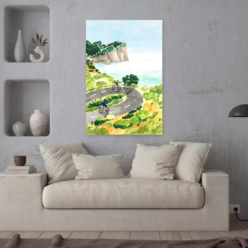 «Coastal Cycling Adventure», art contemporain de paysage côtier abstrait, H 36 po x l 24 po