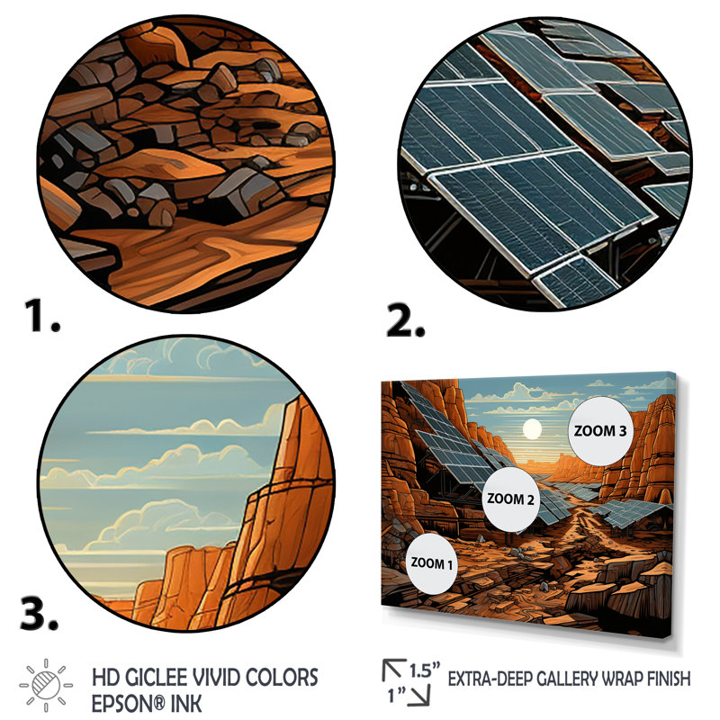 Orange Desert Solar Panels Field - Panneaux solaires, art mural, Toile tendue, H 32 po x l 48 po x P 1 po