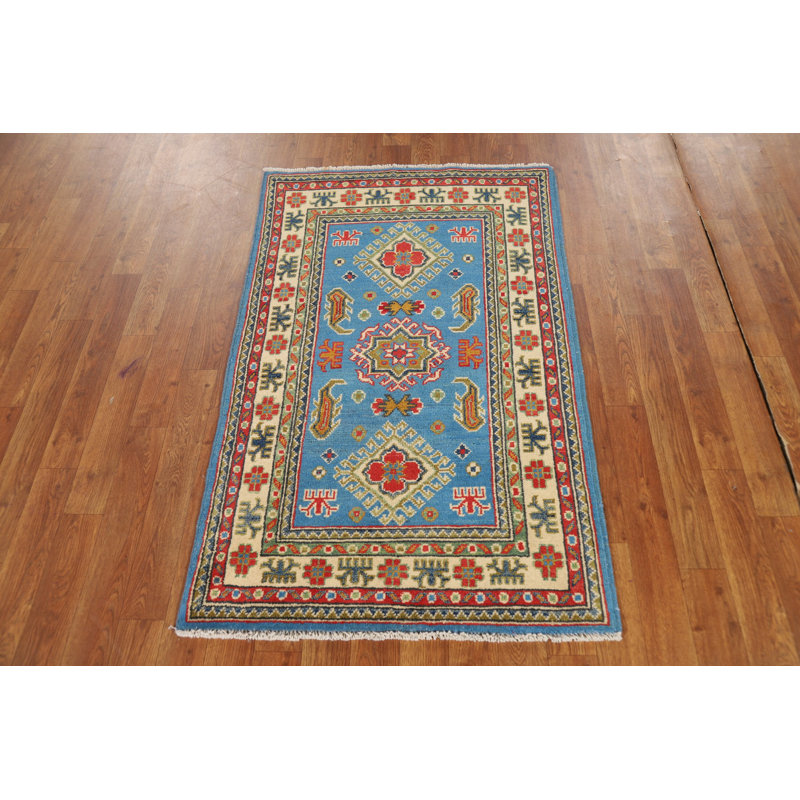 Tapis bleu géométrique Kazak 3 x 4