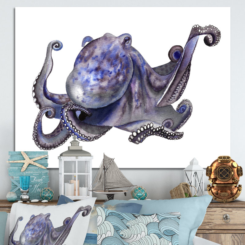 «Cute Blue Octopus», art mural sur toile nautique et côtier, H 30 po x l 40 po x P 1,5 po, Toile tendue