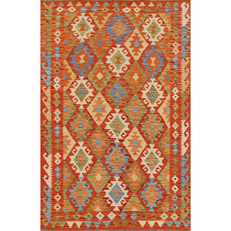Tapis orange en laine réversible Kilim
