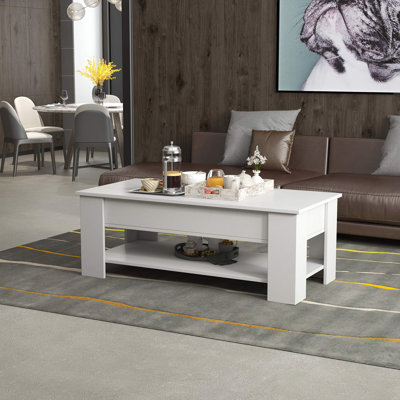 Table basse à plateau relevable avec compartiment de rangement dissimulé, table basse moderne en bois relevable