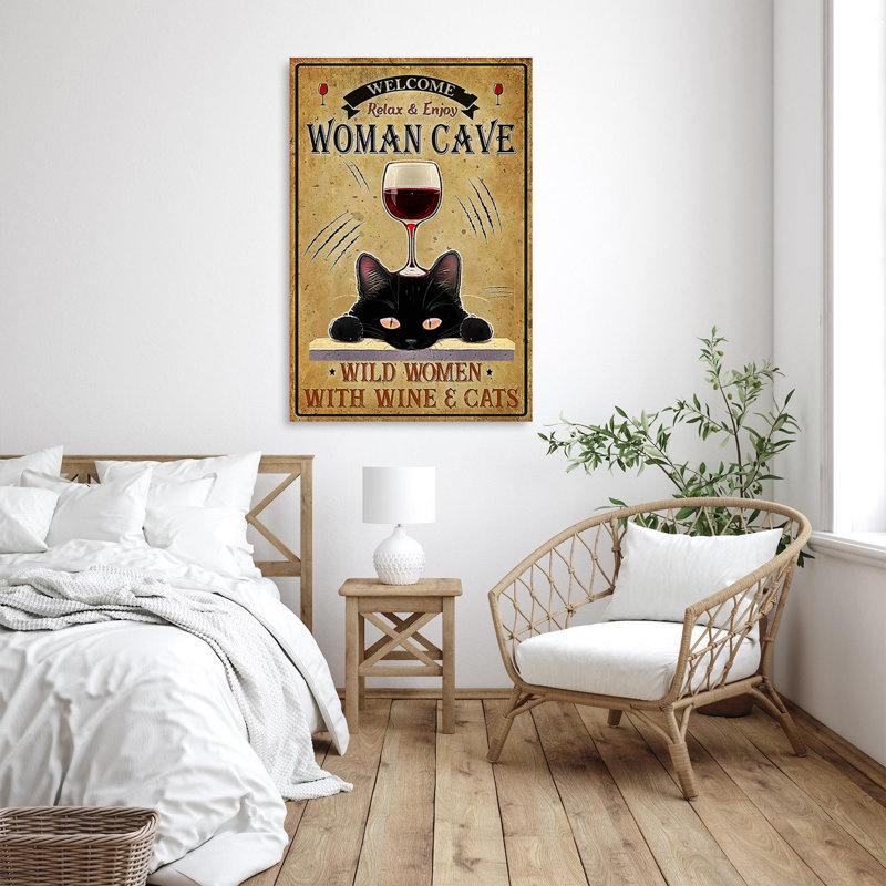 Femme sauvage avec vin et chats sur toile, impression, H 14 po x l 11 po x P 1,25 po