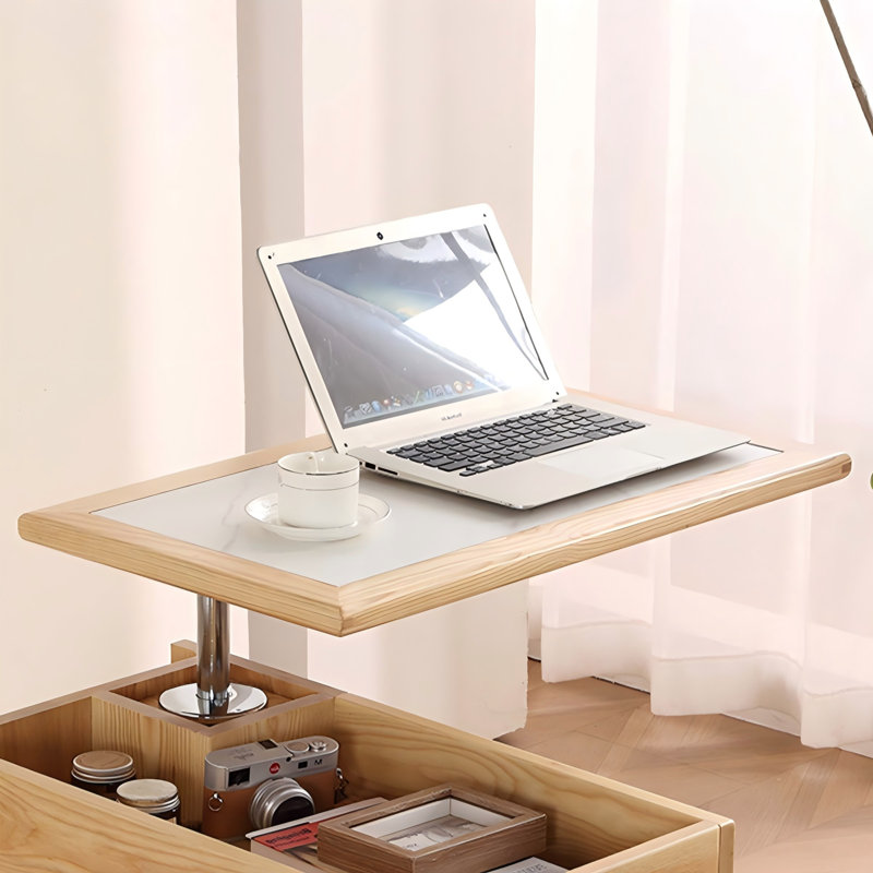 Modern Minimalist Solid Wood Natural Color Height - Adjustable Rotating Mobile Side Table