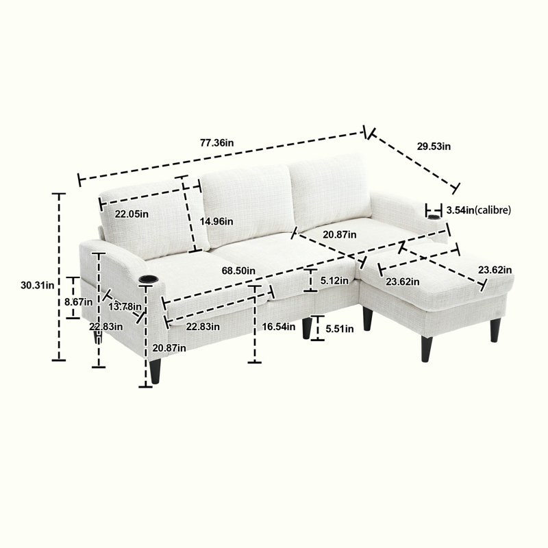 Chenille Sectional Sofa with side pocket,2 cup holders, Beige Chenille