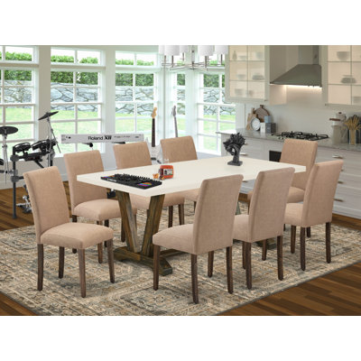 Ensemble de 9 pièces composé d'une table moderne en lin blanc et de 8 chaises de cuisine en tissu de lin sable clair à haut dossier - finition jacobine patinée