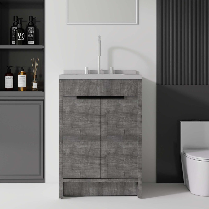 Meuble-lavabo autoportant avec portes à fermeture douce et comptoir en marbre de culture, Gris