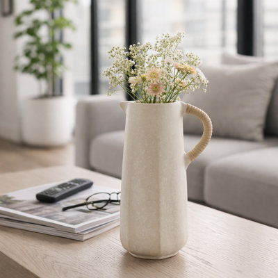 Élégant vase de poterie avec poignée en rotin tissé pour la décoration intérieure - Grand vase élégant pour table, cuisine ou salle à manger - Ivoire et blanc