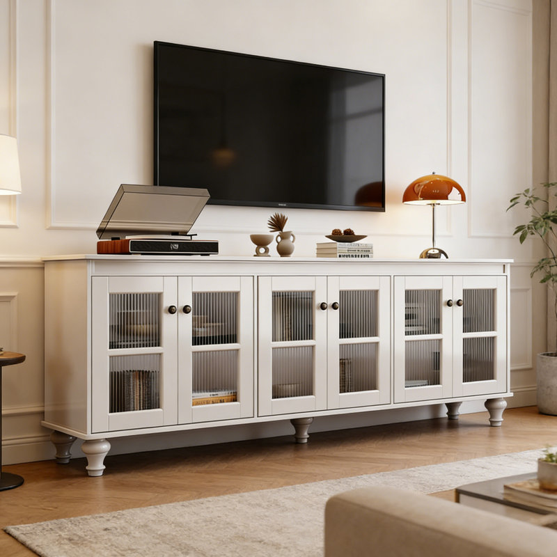 Meuble télé simple en verre rétro, H 28,34 po x L 86,61 po x l 15,74 po, Blanc