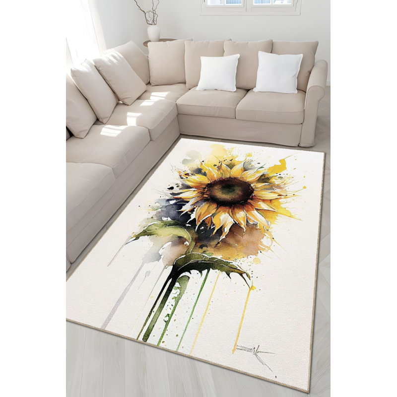 Tapis beige lavable à la machine Creative, Rectangle 4 pi 7 po x 6 pi 7 po