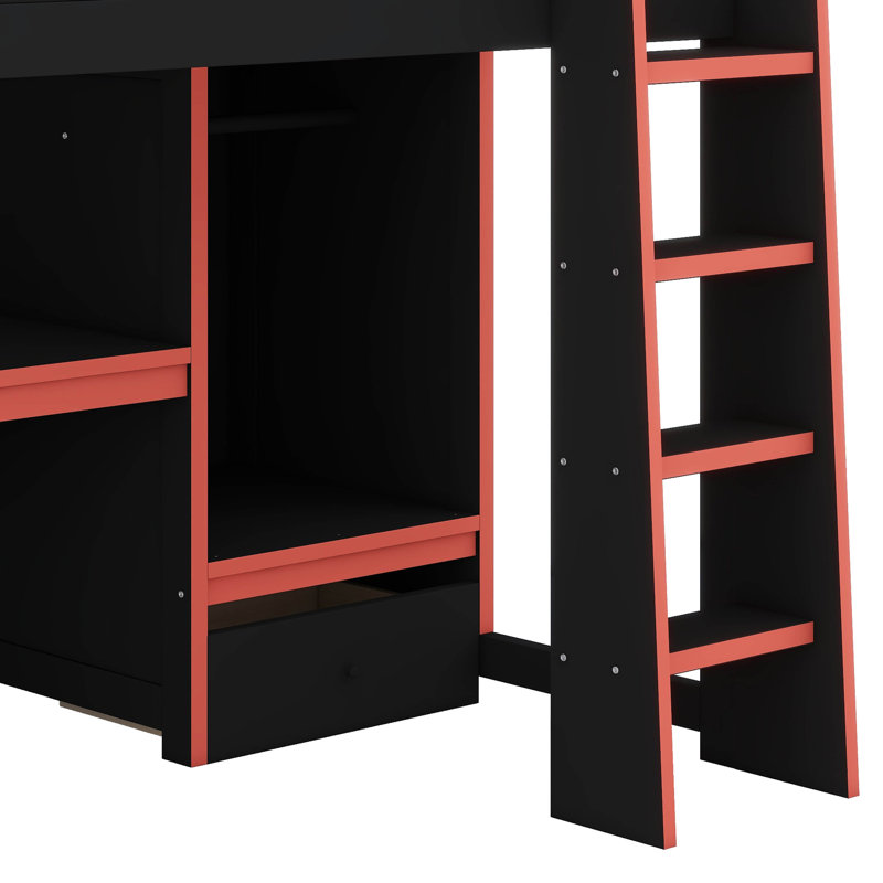 Lit mezzanine avec bureau et garde-robe Gaming, lit Fullloft en bois avec tiroir de rangement et lumière DEL, Double