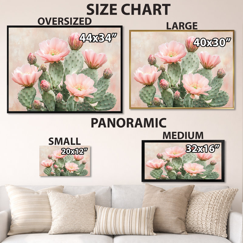 Œuvre d'art sur toile rose Blush Cactus Desert Bloom II, H 30 po x l 40 po, Black Picture Framed