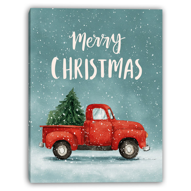 «Snowy Night», camion rouge, joyeux Noël, art mural sur toile tendue, H 16 po x l 12 po