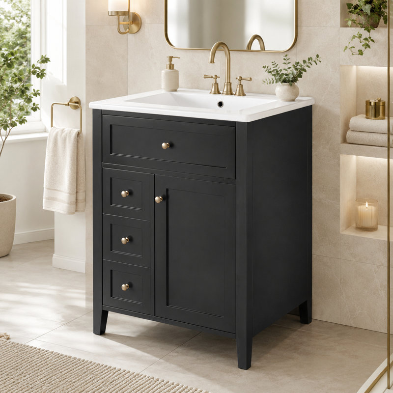 Meuble-lavabo simple 24 po avec lavabo en céramique Velmori, plateau rabattable, tablette réglable et rangement multiple