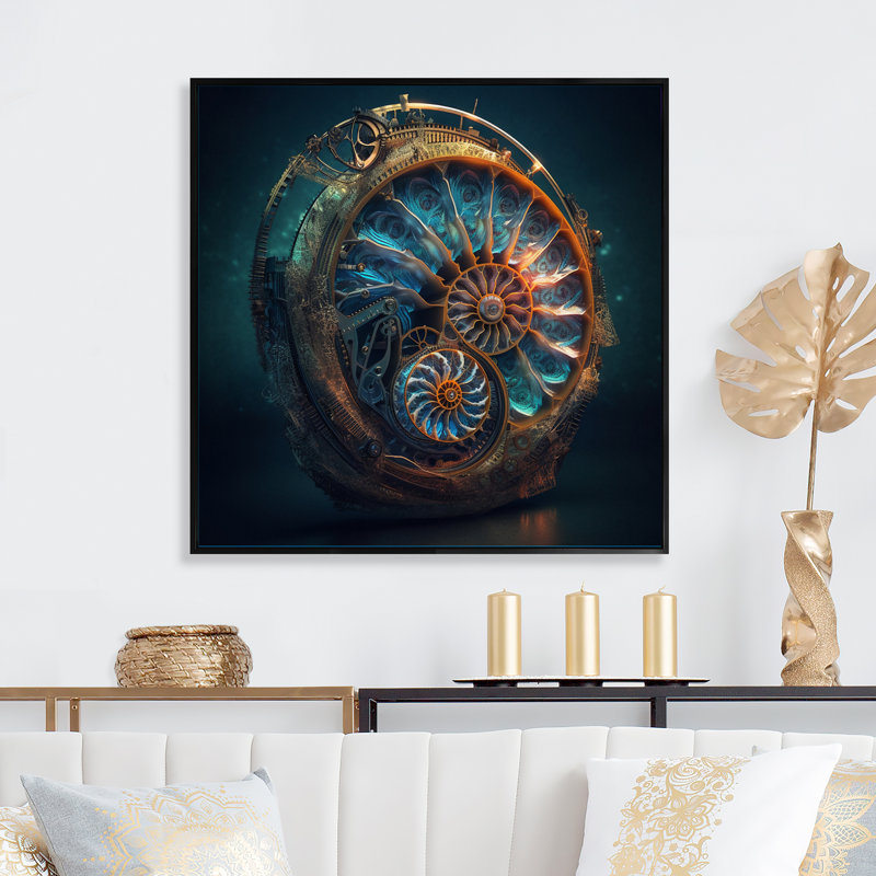Bioluminescent Spiral Oceanic Astrolabe I - Abstract Spirals, art mural sur toile, H 24 po x l 24 po, Cadre flottant noir