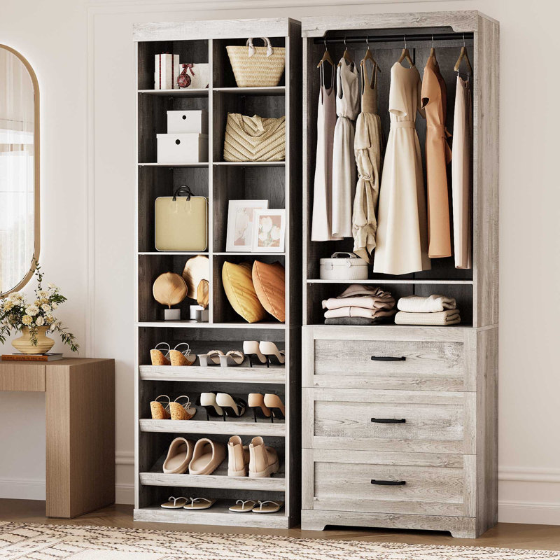 Armoire-penderie autoportante à 3 tiroirs avec étagères réglables et tringle, en érable rustique, Érable rustique