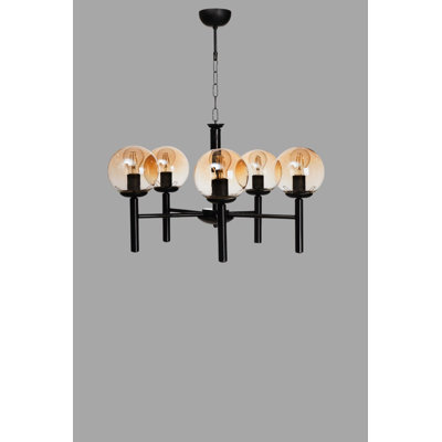 Lustre élégant en métal avec capuchon en verre, finition miel et noir | Hauteur réglable, plaque de base de 5,9 po x 11,8 po | 5 x douille E27 (40 W maximum), ampoule non incluse | pour la salle à manger et les espaces de vie, design élégant et moderne