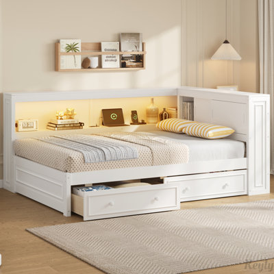 Lit de jour en bois pleine grandeur avec tablettes de rangement, USB, DEL et 2 tiroirs