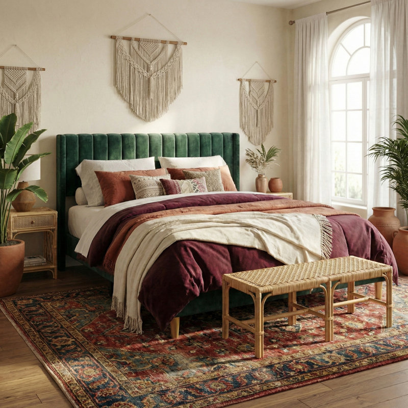 Base de lit tapissier avec tête de lit à oreilles Deeb, Très grand, Velours vert foncé