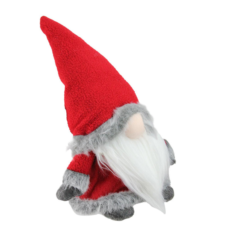 Gnome de Noël 13 po rouge et gris assis avec bordure en fausse fourrure