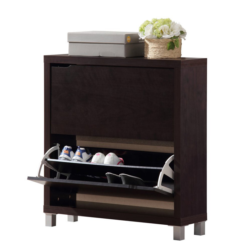 Simms Dark Brown Faux Wood Shoe Cabinet With Silver Plastic Legs, 37'' H X 31.25'' W X 9.25'' D, Dark Brown