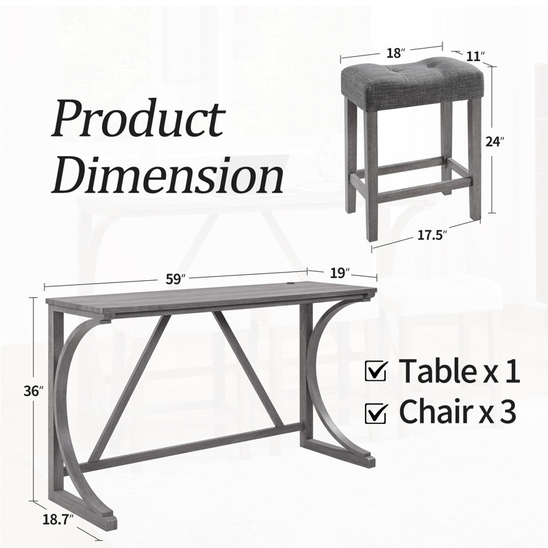 Ensemble de table de bar 4 pièces en bois massif avec charge USB, Gris, Gris