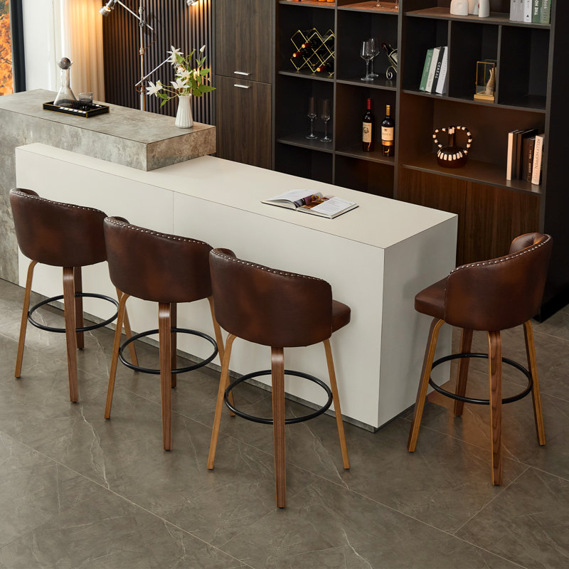 Swivel Bar Stool With Curved Wood Legs, Upholstered Tufted Back, And Nailhead Trim, Bar Stool (28.2" Seat Height), Brown