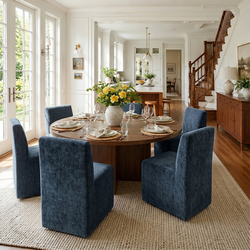 Ensemble de table de salle à manger 7 pièces avec chaises rembourrées entièrement assemblées sur roulettes, Bleu