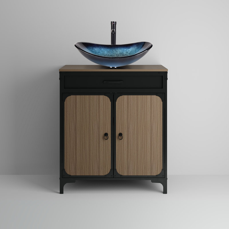 Meuble-lavabo sur pied simple 30 po avec comptoir en bois manufacturé avec lavabo et robinet, Noir, Noir / Bleu