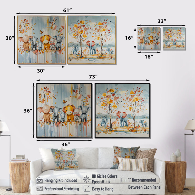 «Nursery Orange Animal Parade I», art mural de chambre de bébé, ensemble de 2 décorations murales pour chambre de bébé, Blanc