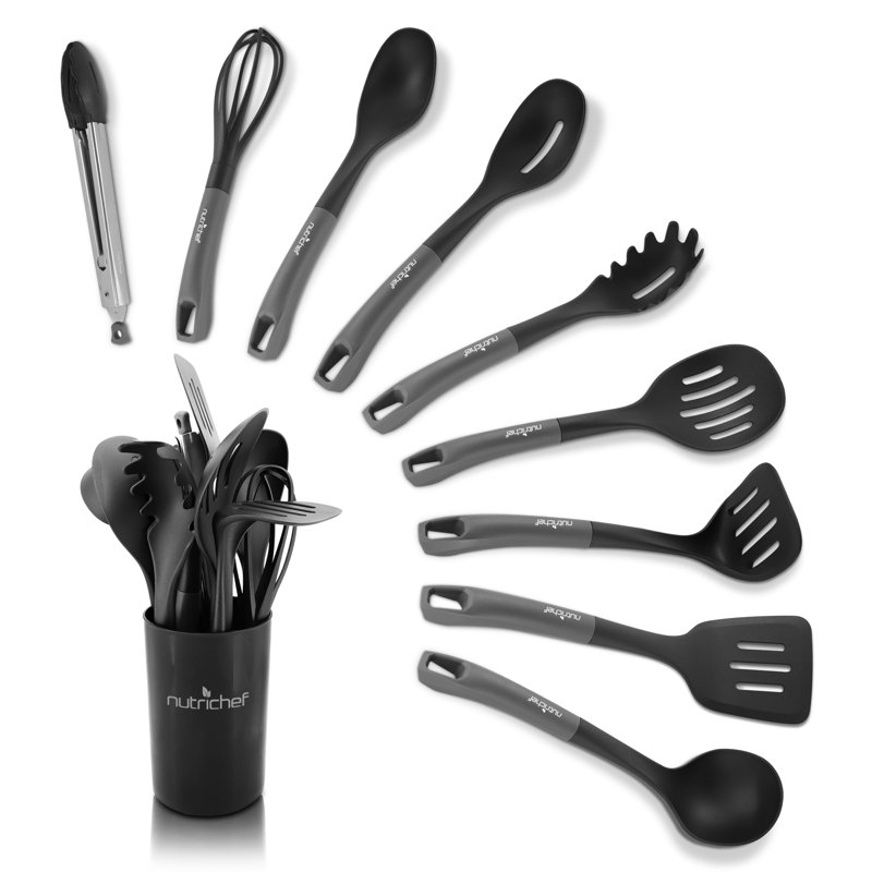 10 pièces Ensemble d'ustensiles de cuisine en silicone résistant à la chaleur - Outils de cuisson antiadhésifs avec support en PP (gris et noir)