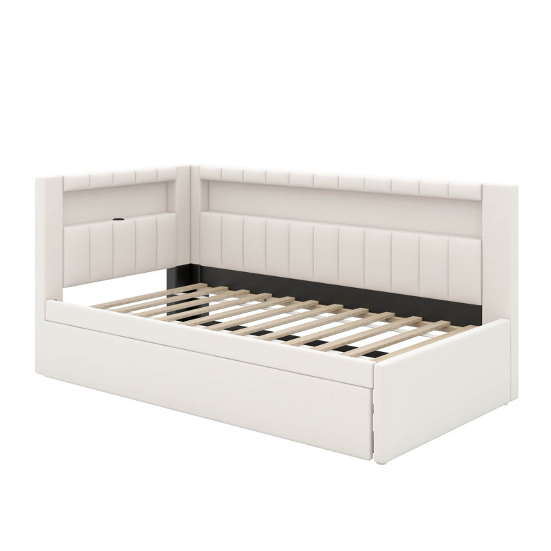 Lit plateforme tapissier simple avec ports USB et lit gigogne, Blanc