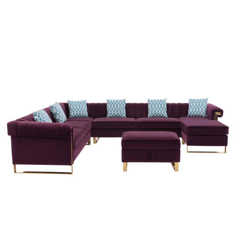 Modern Sofa 130.5" Velvet 8-Seater Sectional Sofa With Reversible Chaise And Storage Ottoman, Mauve
