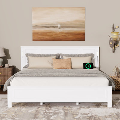 King Size Pinewood Bed With Tall Headboard, , Led Lights, Charging, And Under Storage For A Dreamy Bedroom Modern